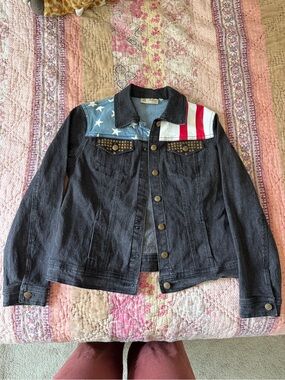 DG2 by Diane Gilman Black Denim Jean Jacket with American Flag Yoke